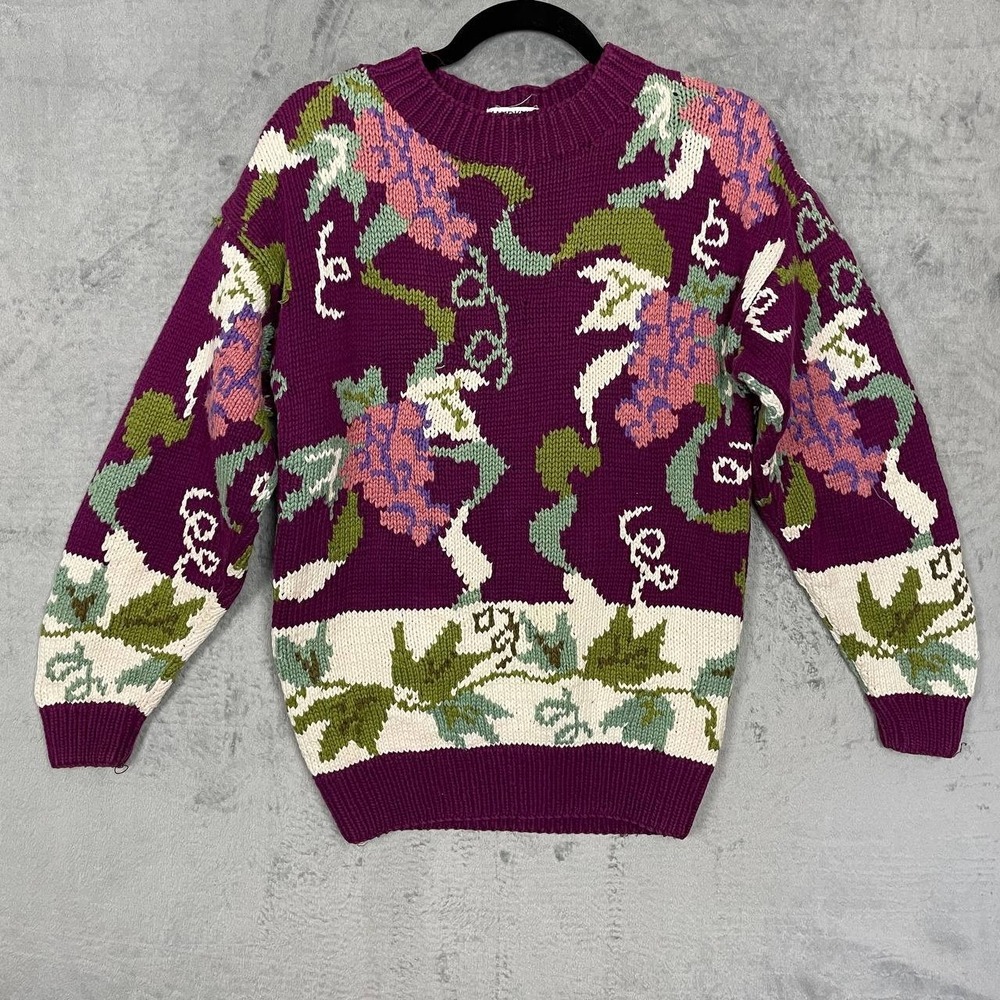 Chunky Hand Knit Grape Floral Sweater Small Bold Knit Grandma Statement Grunge